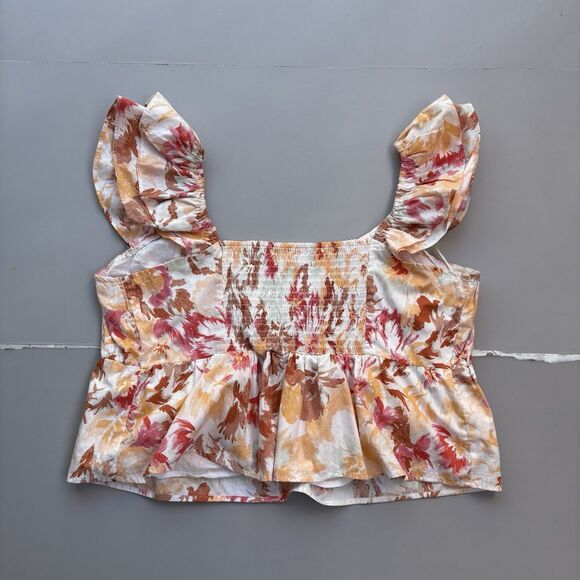 Abercrombie & Fitch Top Size XL Ruffle Poplin Floral Babydoll Smocked Tropical - Picture 2 of 7